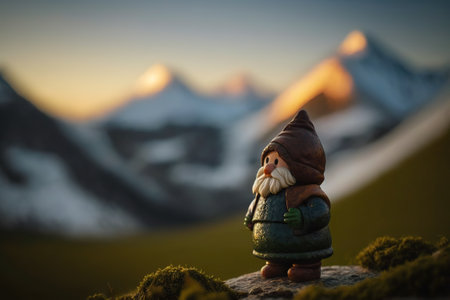 In the Swiss Alps, gnomes, mythological figures, walk among the mountains. Ai generated.の素材