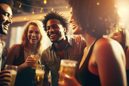 fun night out: young friends drinking beer and celebrating inside a bar. ai generatedの素材
