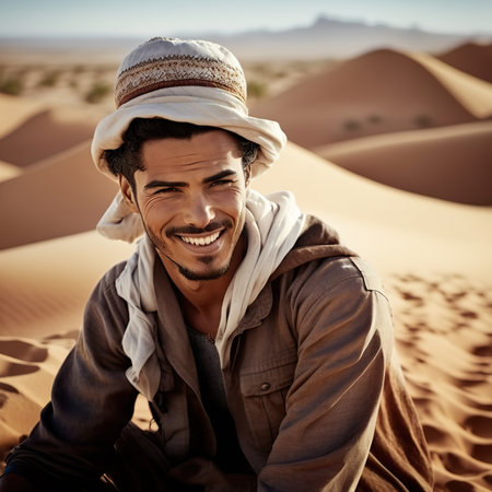 A handsome man in the desert, smiling and adventurous, covers his head with a scarf. Ai generated.の素材