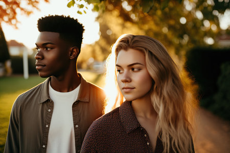 A serene and introspective young couple enjoying nature's beauty in the countryside.. Ai generated.の素材