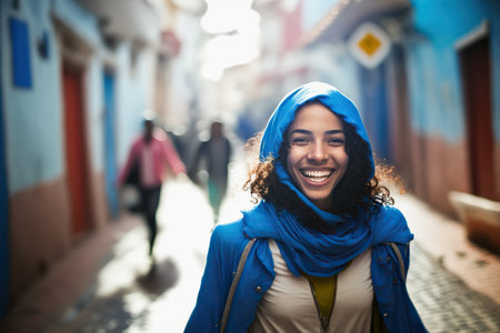 Exploring the vibrant blue streets of Morocco with a joyful tourist woman posing for the camera. Ai generated.の素材