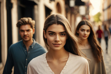 Group of young people walk as if they were models through a European city on vacation. Ai generated.の素材