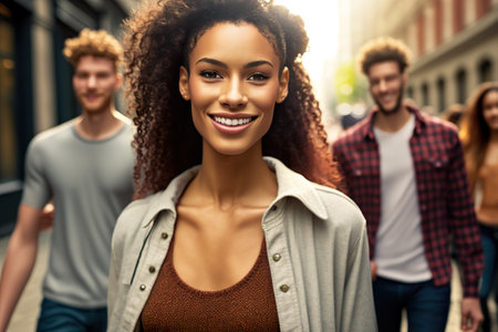 A beautiful young pretty woman smiles at the camera as she walks down the street, perfect skin. Ai generated.の素材