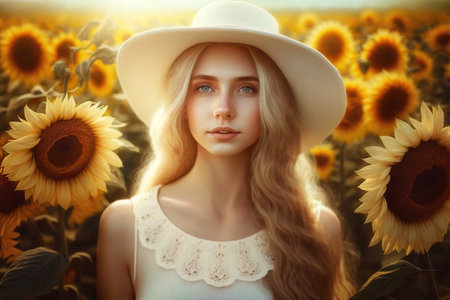 Young blonde woman among sunflowers, with a straw hat. Ai generated.の素材