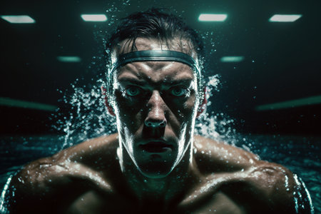 Swimming sportsman, muscular man, in a dark environment inside the water, splashed with water. Ai generated.の素材