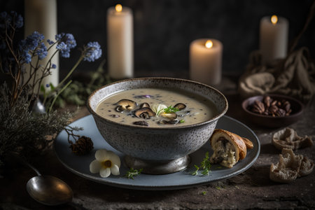 Mushroom cream dish, rural set with perfect lighting. Ai generated.の素材