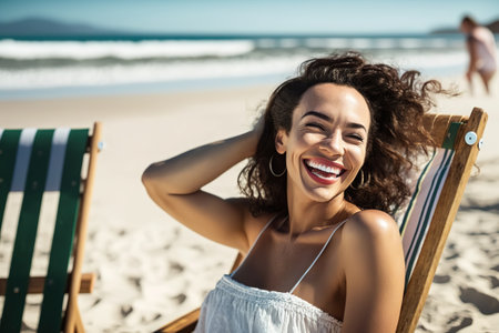 Carefree woman enjoys her vacation on the beach. Ai generated.の素材