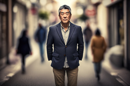 Japanese mature man, in a defocused street, posing to camera. Ai generated.の素材
