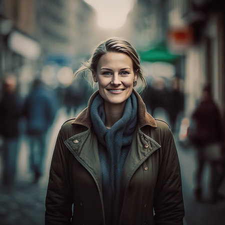 A stunning contemporary woman exudes confidence and charm as she effortlessly captivates the camera with her radiant smile and poised stance.. Ai generated.の素材