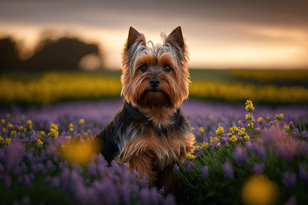 Purebred canine patiently awaits its next adventure amidst the vast expanse of a lush meadow, breathing in the fresh open air and basking. Ai generated.の素材