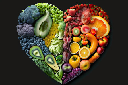 Set of raw healthy vegetables and fruits studio isolated in the shape of a heart. Ai generated.の素材