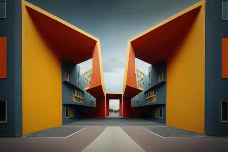 Geometric and colorful walls in the background, in a designer street that combines the modern and the classic. AI generative.の素材