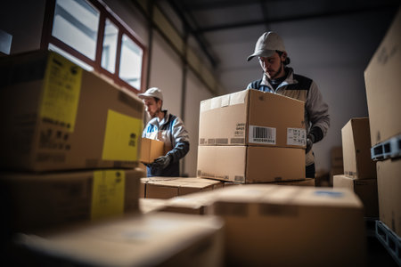 Operators lift heavy cardboard boxes in a logistics warehouse. Ai generated.の素材