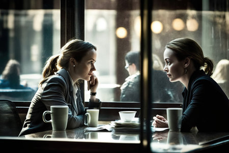 Two friends chat in a restaurant about work issues. Ai generated.の素材