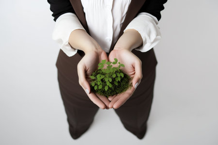 A woman in an elegant suit holds a green plant in her hands, a sustainable company. AI generative.の素材
