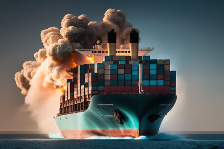 Cargo ships pollute the air with their diesel emissions. Ai generated.の素材
