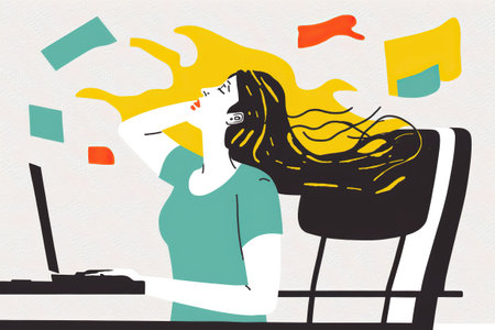 Overworked creative woman takes a deep breath to relax, simple flat design. AI generated.の素材