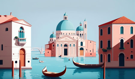 Tourist postcard of landscape topics, simple flat design in pastel tones. AI generated.の素材