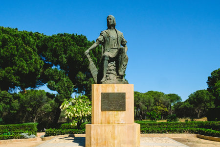 Huelva, Spain - April 22, 2023: Statue of the explorer Christopher Columbus in Palos de la Frontera.のeditorial素材