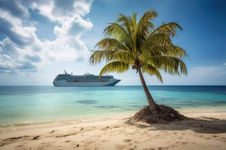 A paradisiacal beach with palm trees and fine sand, with a tourist cruise ship in the background, with no one on vacation. Ai generated.の素材