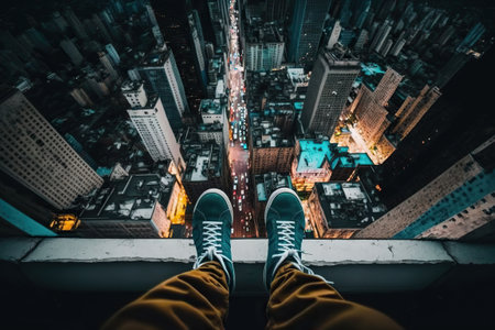 A young man steps on the edge of a window, a dangerous fall, vertigo from youthful frustration. Ai generated.の素材