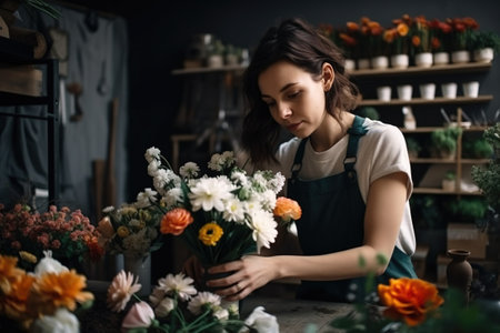 An enterprising young woman works in her flower shop. Ai generated.の素材