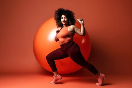 Plump Afro woman does exercise and fitness poses in a studio, against a red colored background. Ai generated.の素材