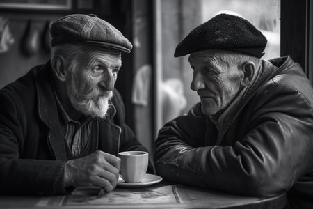 Two old friends, elderly, share a coffee in a bar, while they talk about their memories. Ai generated.の素材