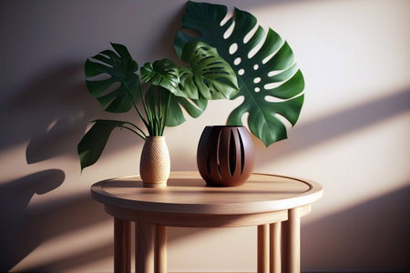 The large leaves of a monstera adorn a sunny corner of a simple and plain room. Ai generated.の素材