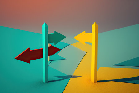 Modern illustration, a road with diverging arrows, different directions to make decisions. Ai generated.の素材