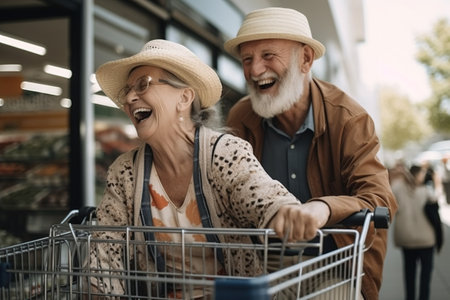 An elderly couple have fun with a shopping cart from a supermarket. Ai generated.