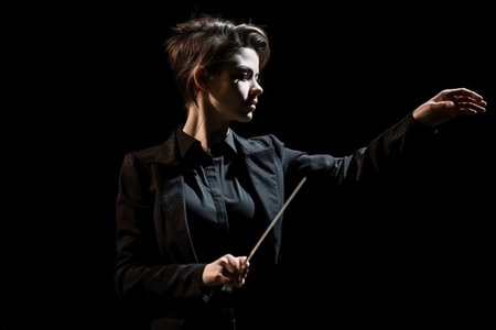 Orchestra conductor woman, with her baton, isolated on black background. Ai generated.の素材