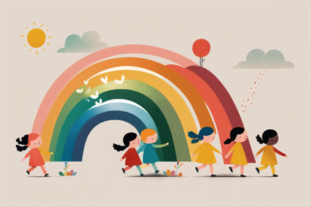 Flat illustration of happy school children walking, with a rainbow in the background. Ai generated.の素材