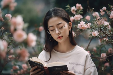 A young student with glasses reads a book in a flowery garden. Ai generated.の素材
