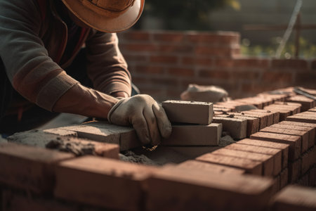 Masons lay bricks with cement during the construction of a house, in winter. Ai generated.の素材
