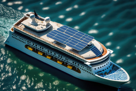 New sustainable boat designs, powered by solar energy. AI generated.の素材