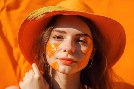 Young female model paints summer symbols with orange paint on her face. Ai generated.の素材