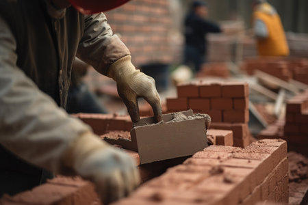 Latino workers are employed as masons in the construction of American houses. Ai generated.の素材