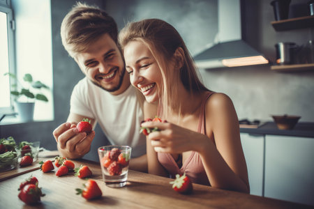 A young couple indulges in a guilt-free snack, savoring the sweetness of freshly picked strawberries. Ai generated.の素材