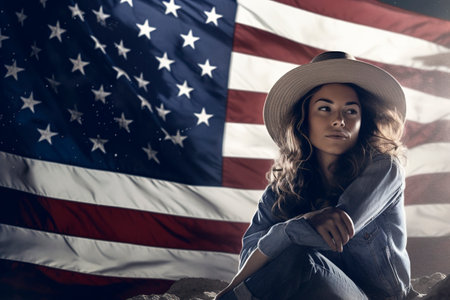 A patriotic young woman sporting denim apparel proudly poses next to a grand American flag, embodying the quintessential spirit of American. Ai generated.の素材