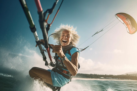 An expert mature man has fun practicing kitesurfing. Ai generated.の素材