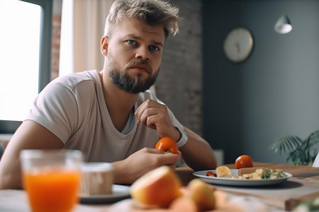 A man sitting down for breakfast during his hangover. Ai generated.の素材