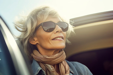 A mature, retired woman, wearing sunglasses, enjoys her day off. Ai generated.の素材