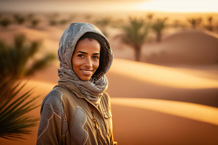 Beautiful young Moroccan woman with Arabic features, smiling in the desert. AI generated.の素材
