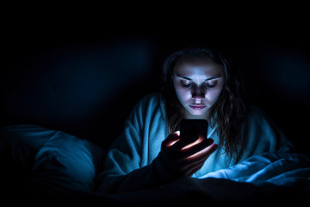A young girl can't sleep because she's hooked on her mobile, which she watches on her bed. Ai generated.の素材