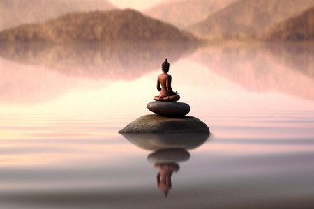 A sculpture with pebbles in a calm lake and a small meditating zen buddha figure. Ai generated.の素材
