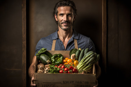 Man with box of vegetables, sale of organic products. AI generated.の素材
