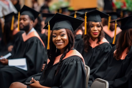 Happy black woman on her graduation day, sitting with her colleagues. Ai generated.の素材