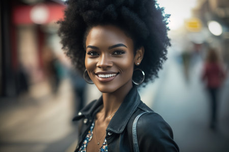 Beautiful and smiling African American woman, looking at the camera, happy after leaving her job. AI generated.の素材