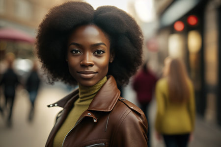 Beautiful and smiling African American woman, looking at the camera, happy after leaving her job. AI generated.の素材